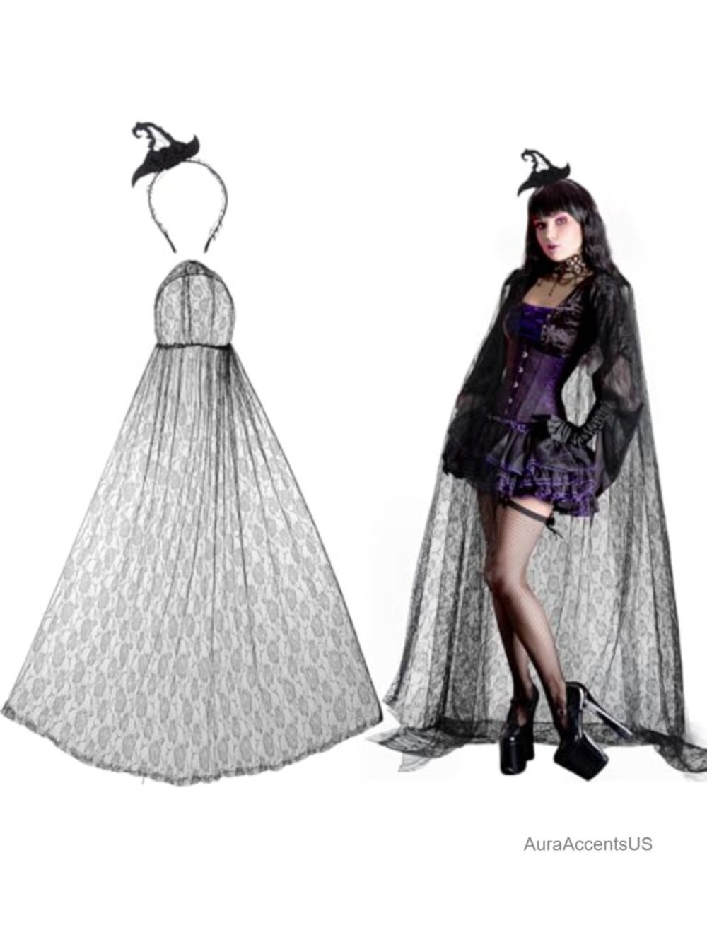 Black Lace Hooded Cloak Spider Web Cape Halloween Costume Women Witch Headband
